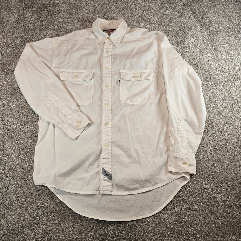 Vintage Levis Mens Medium Off White Cotton Long Sleeve Button Up Shirt 0095